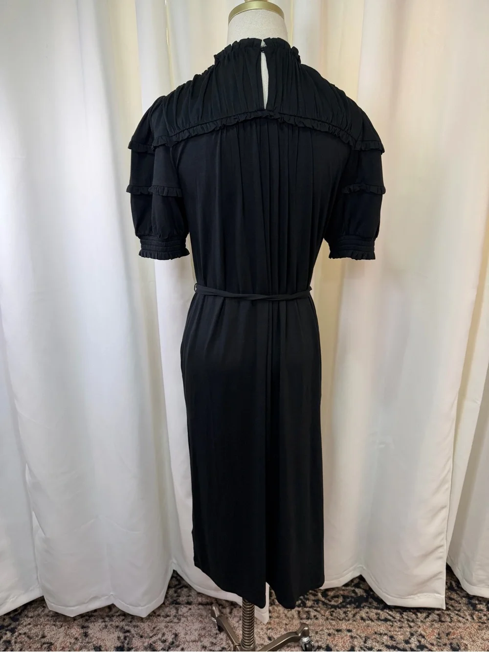 NWT Boden Black Ruffled Neck Puff Sleeve Jersey Midi Dress w/ Tie Waist Size 4P